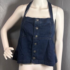 Women's American Eagle Dark Blue Denim Halter Top Adjustable Cross Straps New